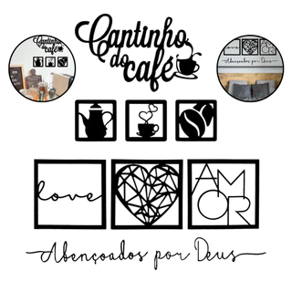 Kit 6 Plaquinhas + 2 Letreiros Cantinho do Café e Abençoados Por Deus Em Mdf
