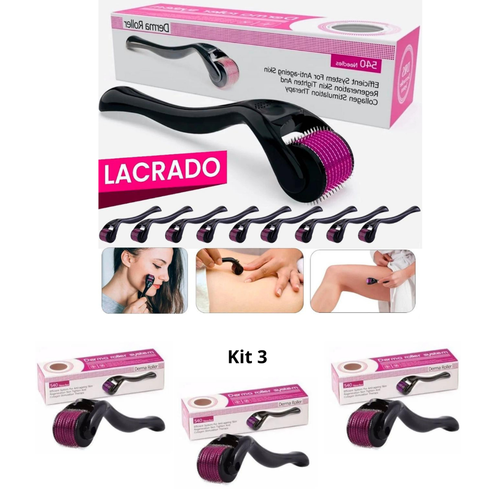 kit 3 Dermaroller 540 Agulhas Crescimento Capilar Barba Calvice