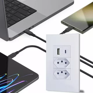 Tomada Dupla 10A Com USB Universal Modular De Parede Para Embutir Completa