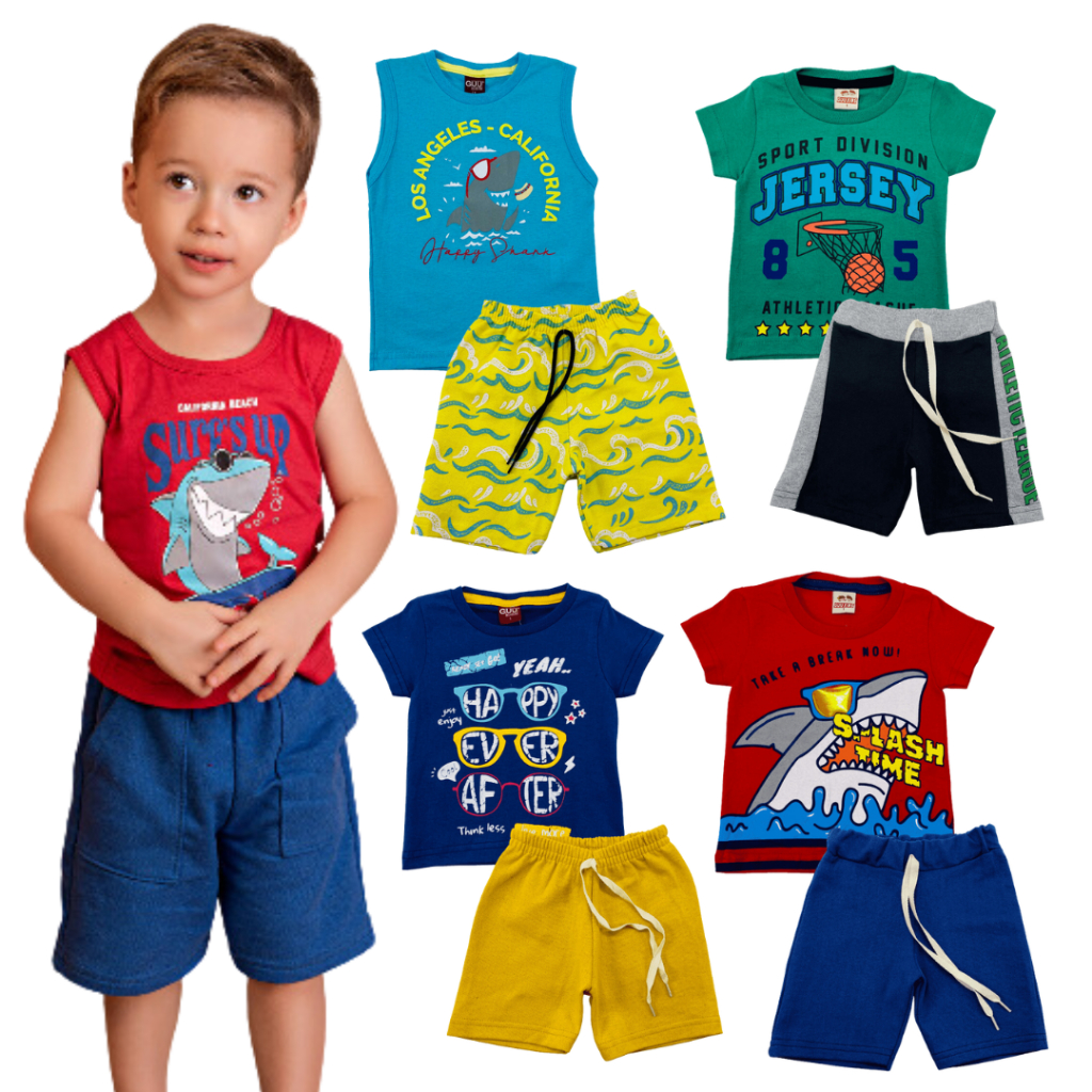 Kit 8 Peças de Roupas Infantil Menino 4 Camisetas+ 4 Bermudas Promoção ...