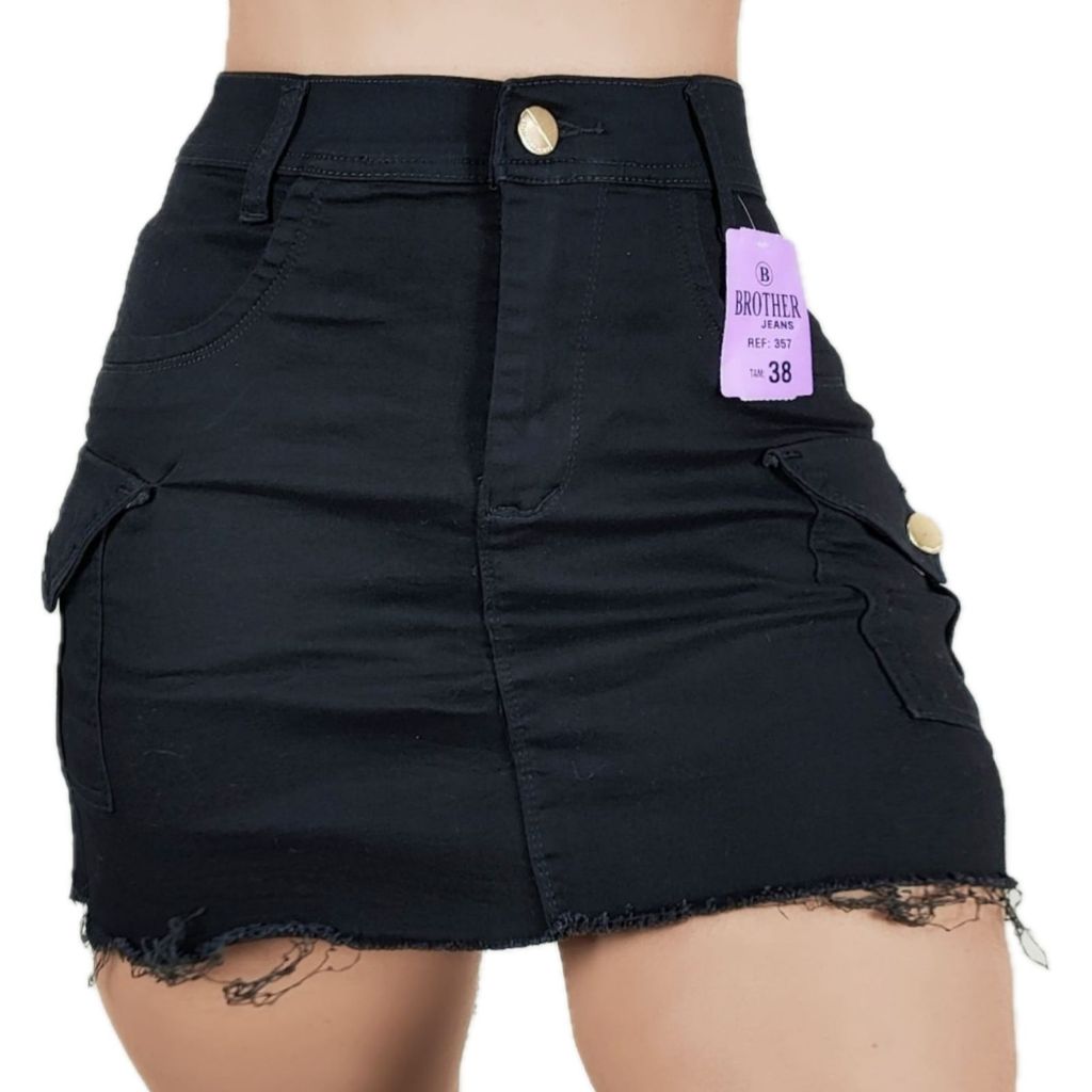 Saia jeans feminino cargo preto 36 a 46 cintura alta com lycra curto ...