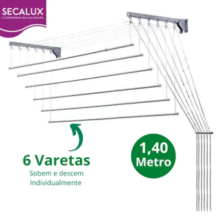 VARAL DE TETO OU PAREDE 6 VARETAS INDIVIDUAIS 1,40M DE AÇO BRANCO SECALUX