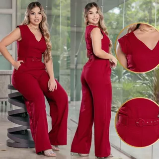 Macacão Feminino Longo Pantalona Moda Social Macaquinho Festa Com Cinto Decote V Acinturado Luxo Elegante