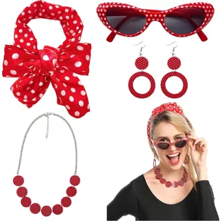 Kit Anos 50 E 60 Fantasia 4 Pç Adulto, Cosplay Oculos Colar Brinco
