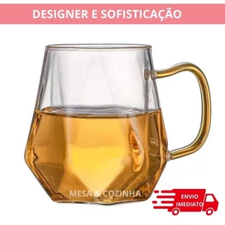 Xicara de COPO vidro JOGO COM KIT 2 UNIDADES modelo "Diamante" com alça colorida 350ml.
