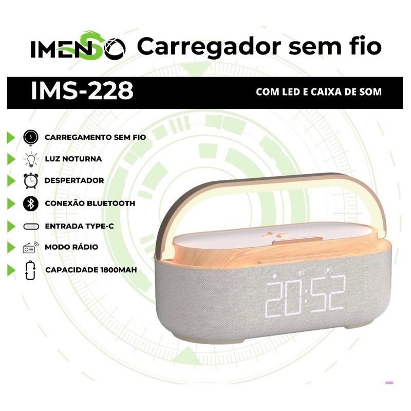 Carregador sem fio IMS-228 COM LED E CAIXA DE SOM