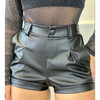 Short Feminino Couro Courinho Cintura Alta com Zíper na Lateral