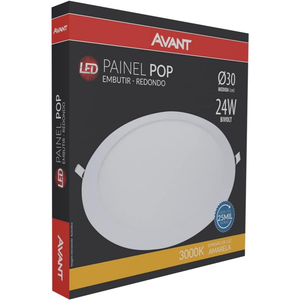 Painel LED 24W de Embutir Redondo 30cm, Bivolt, 3000k Branco Quente, Avant