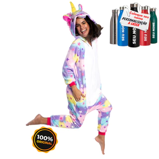 Pijama Macacão Adulto e infantil Unicórnio Estrelinha Kigurumi Cosplay + Squeezer de aluminio personalizada