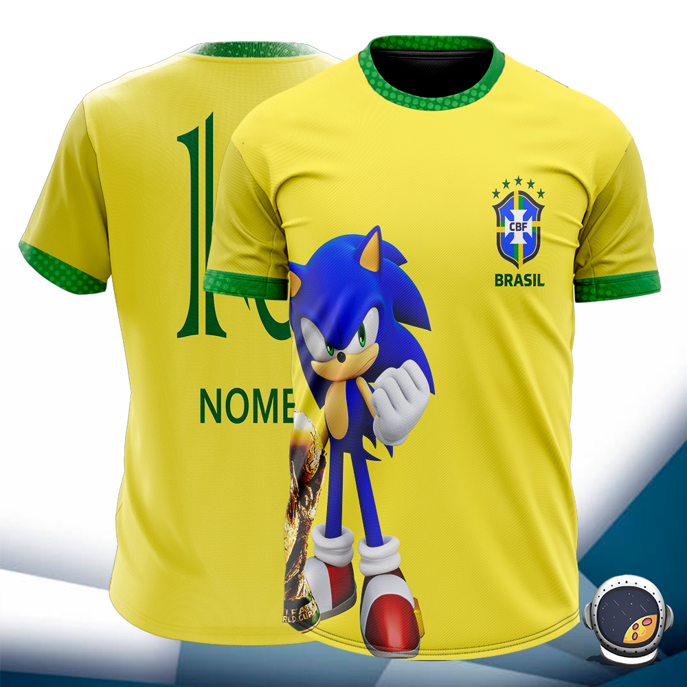 Camiseta Torcida Amarela Brasil Sonic Copa Personagens Unissex Adulto Infantil