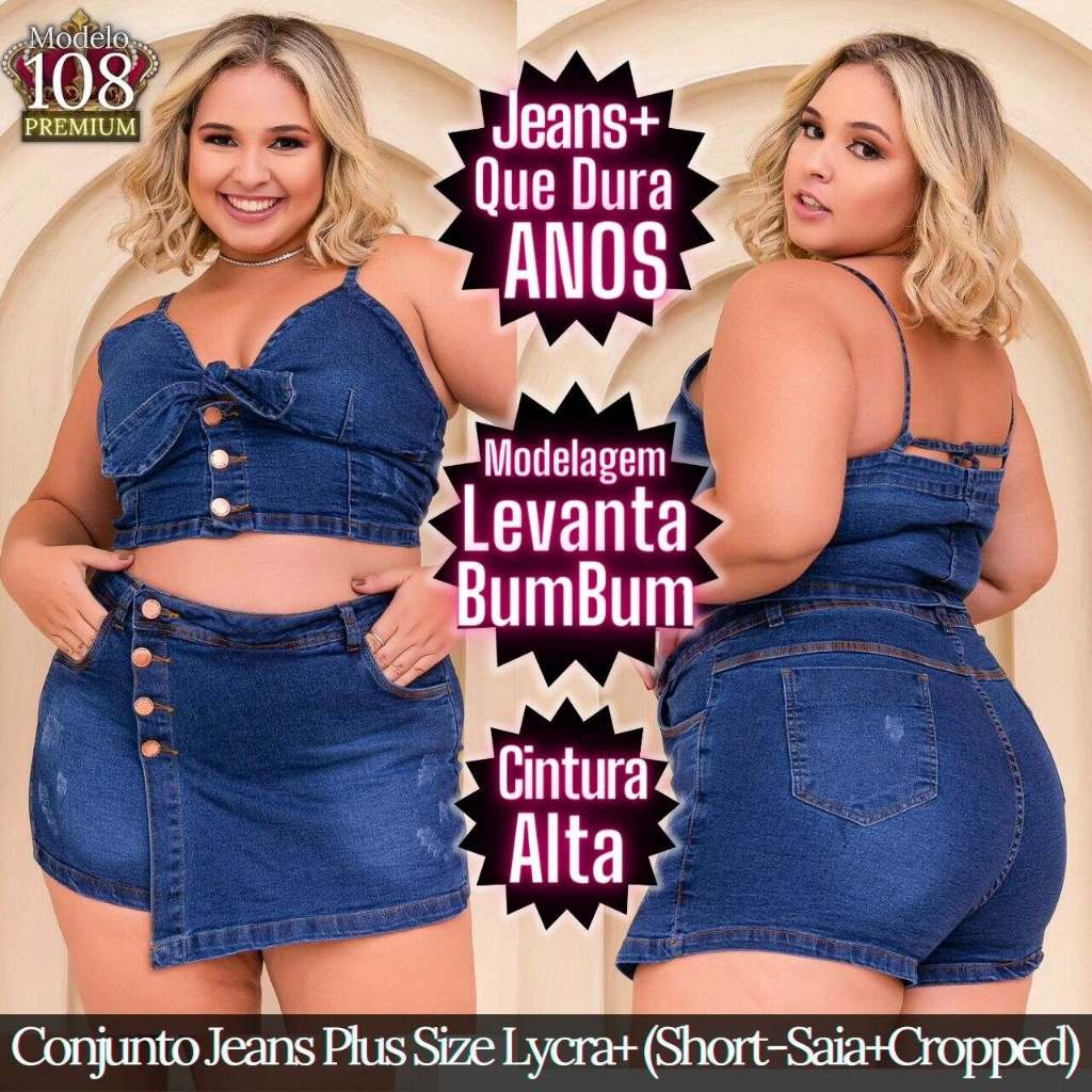 ゆきんこ Conjunto Plus Size - Short Jeans + Cropped Jeans - Jeans Gringo