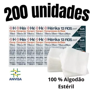 Kit 200un Compressa Gaze Estéril Hidrófila Cirúrgica Para Curativo Feridas 13 Fios 7,5cm x 7,5cm - 20pct Hérika