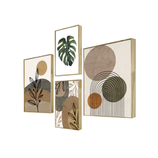 Kit 4 Quadros Decorativos Cozinha Plantas Formas Coloridas Conjunto Jogo Cubos Geométrico Folhagem