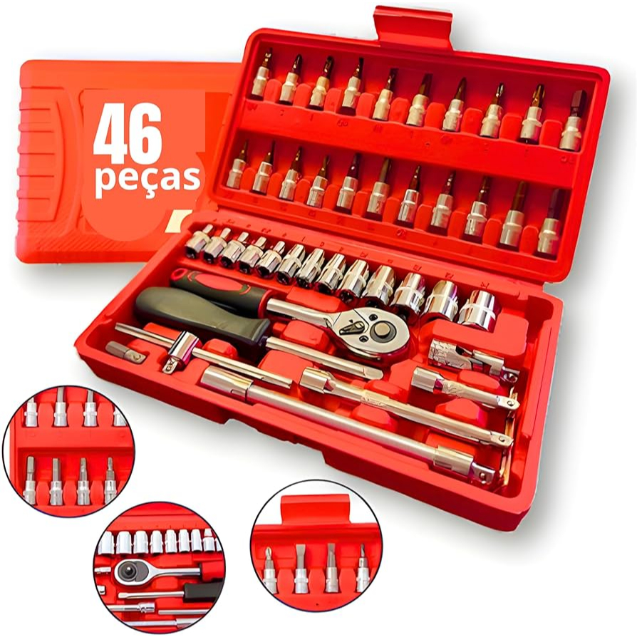 Kit De Ferramentas 46 Peças Jogo De Soquetes Chave Catraca Reversível Com Maleta Jogo De Ferramentas Completo