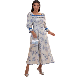 Vestido Feminino Rayssa Evangélico Midi Mangas Bufantes 3/4 Linho Bordado c/ Cinto Cn