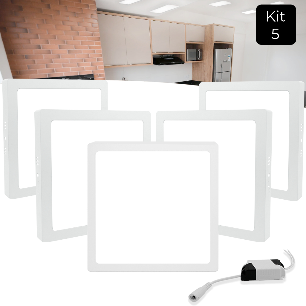 Kit 5 Painel Plafon Led 25w Sobrepor 6000k Quadrado Frio