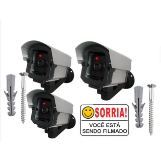 Kit 3 câmera falsa com led + placa sorria filmado