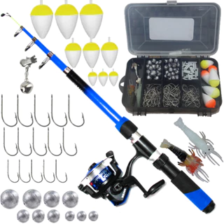 Kit Pesca Barato Completo com Estojo Acessorios Vara de Pesca Molinete Boia Chumbada Isca Anzol e Sino de Vara