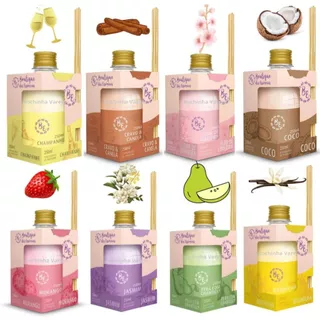 Kit 8 Difusor Aromatizadores de Ambiente com 250 ml de Morango, Baunilha, Jasmim, Champanhe, Coco, Flor de Cerejeira, Cravo e Canela e Pera Com Chantilly
