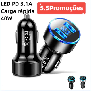 Carregador de Celular Turbo com Voltímetro Veicular Carro Universal 2 Entrada USB de 3.1a