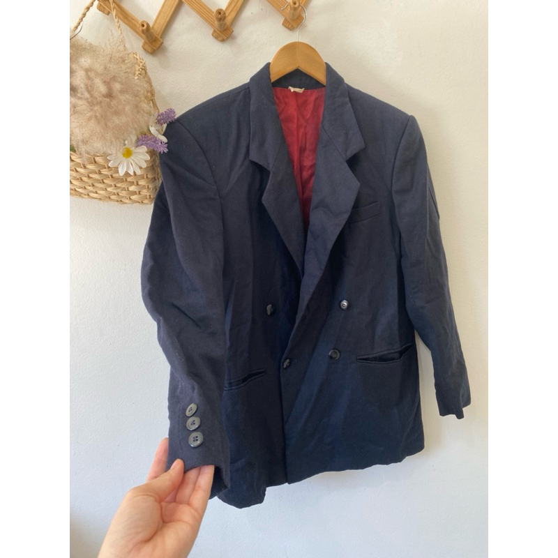 Desapego Brechó - Blazer de Lã gola com lapela Unissex Azul OMBREIRA- Tamanho - 46