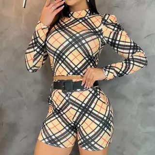 Conjunto Feminino xadrez Festa Junina Moda Pecuária short com cinto Blusa manga longa