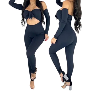 Macacão Feminino Manga Longa Ciganinha Moda Gringa Com Laço