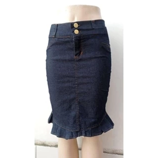 Saia jeans preta modelo sereia secretária moda evangelica
