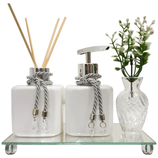 Kit Prata Aromatizador e Saboneteira Pet Branco 300ml Com Bandeja Espelhada e Vaso Decorativo Lavabo