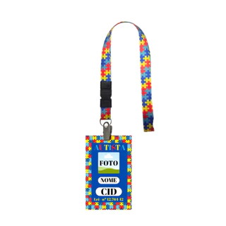 Kit Cartão Crachá Polímero Identificação Personalizado Autismo Quebra-Cabeça+Cordão Vermelho+Jacaré