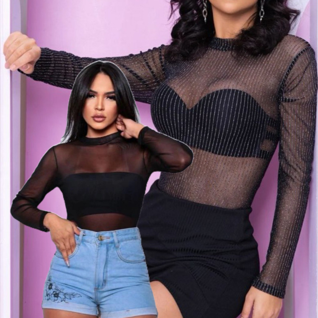 kit 2 body manga longa feminino tule preto e com brilho transparente