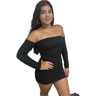 Vestido Ciganinha canelado com manga, zero transparencia ombro a ombro tubinho moda balada