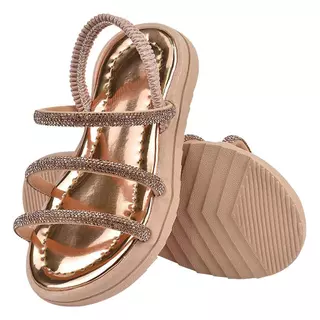 Sandália Infantil Feminina Bronze Brilho Strass Elástico Tratorada Menina Delicada