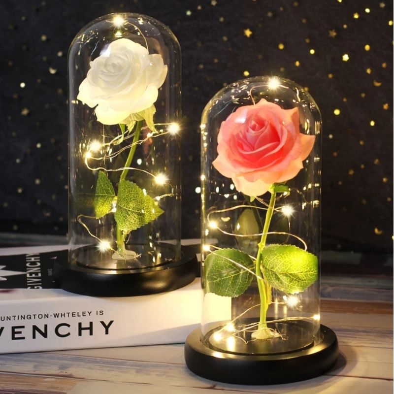 Luminária Rosa Encantada Cúpula de Vidro Com Mini Led Cor fa Rosa Branca