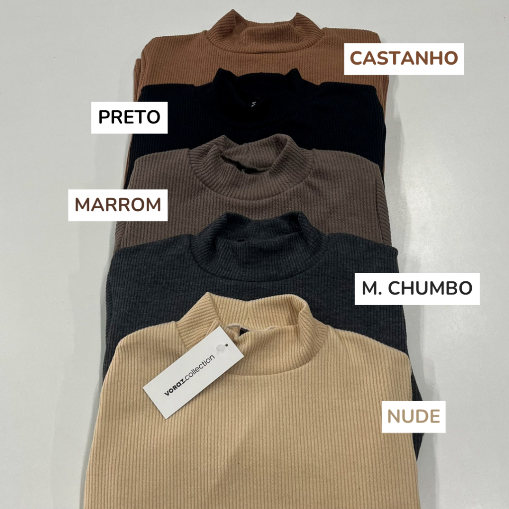 Blusa Feminina Cacharrel Gola Alta Manga Longa Canelado Santorine Alta Qualidade 2288