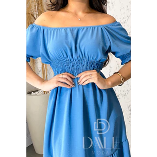 Vestido Duna Curto Midi Feminino Festa Ombro a Ombro Lástex na cintura Moda Evangélica Ciganinha