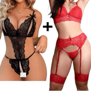 kit com 1 lingerie sexy noite cinta liga 1 Body com abertura apressadinha