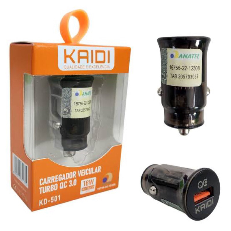 Carregador Veicular TURBO KAIDI 3.0 18W (branco-preto)
