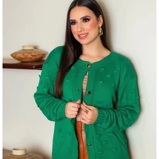 Casaquinho Casaco Feminino Manga Longa Tricot Pompom Botão Dourado Trico Moda