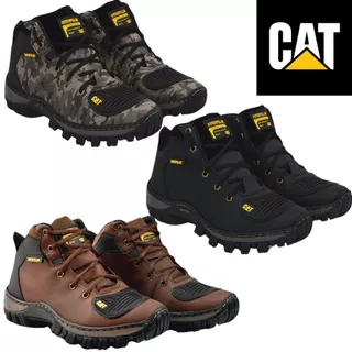 Bota CAT Motoqueiro Cano Médio Em Couro Com Sola De Borracha Para Uso Diário Proteção Na Ponta