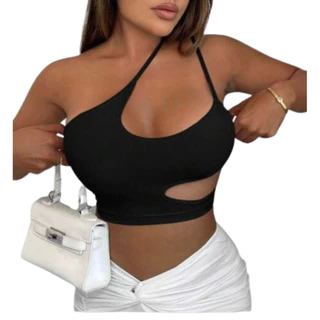 Top Cropped Feminino Forrado Gota de Um Ombro Mula Manca Vazado Assimétrico Verão Gringa Estiloso
