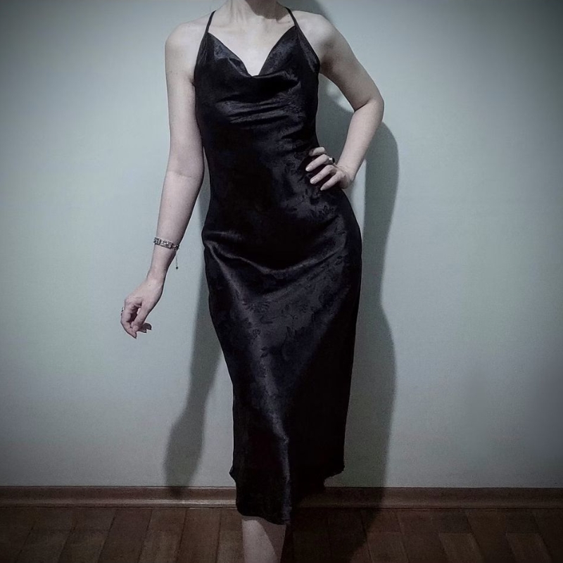 Vestido de alcinha comprido/midi preto de cetim brocado/estampado/jacquard (Gótico/Vintage/Elegante/Festa)