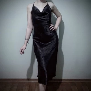 Vestido de alcinha comprido/midi preto de cetim brocado/estampado/jacquard (Gótico/Vintage/Elegante/Festa)