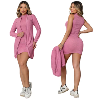 Conjunto Feminino Vestido Regata E Cardigan Manga Longa Lanzinha Vestidinho Curto Casaco Frio