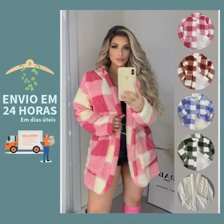 Casaco Teddy Feminino Forrado | Blusa de Frio de Pelinho | Jaqueta Ted Pelo | Bolso e Capuz | Blogueira | Moda Gringa