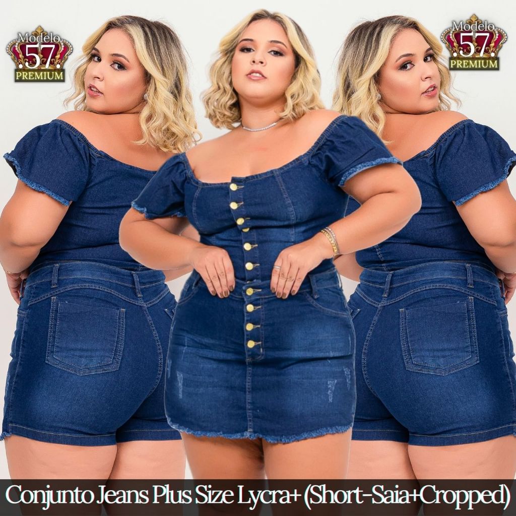 Conjunto Jeans Feminino Plus Size Short Jeans Plus Cropped Plus Lycra CJ SFC Shopee Brasil