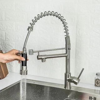 Torneira de cozinha 2 em 1 de aço inoxidável 304 com mangueira flexível Torneira de pia com corpo de latão