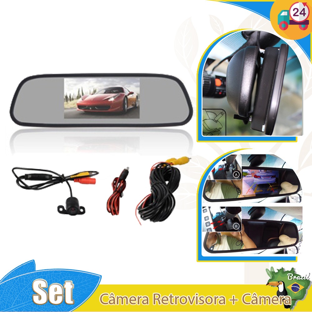 2024 Kit Retrovisor Visor Espelho Tela Lcd Veicular + Câmera De Ré