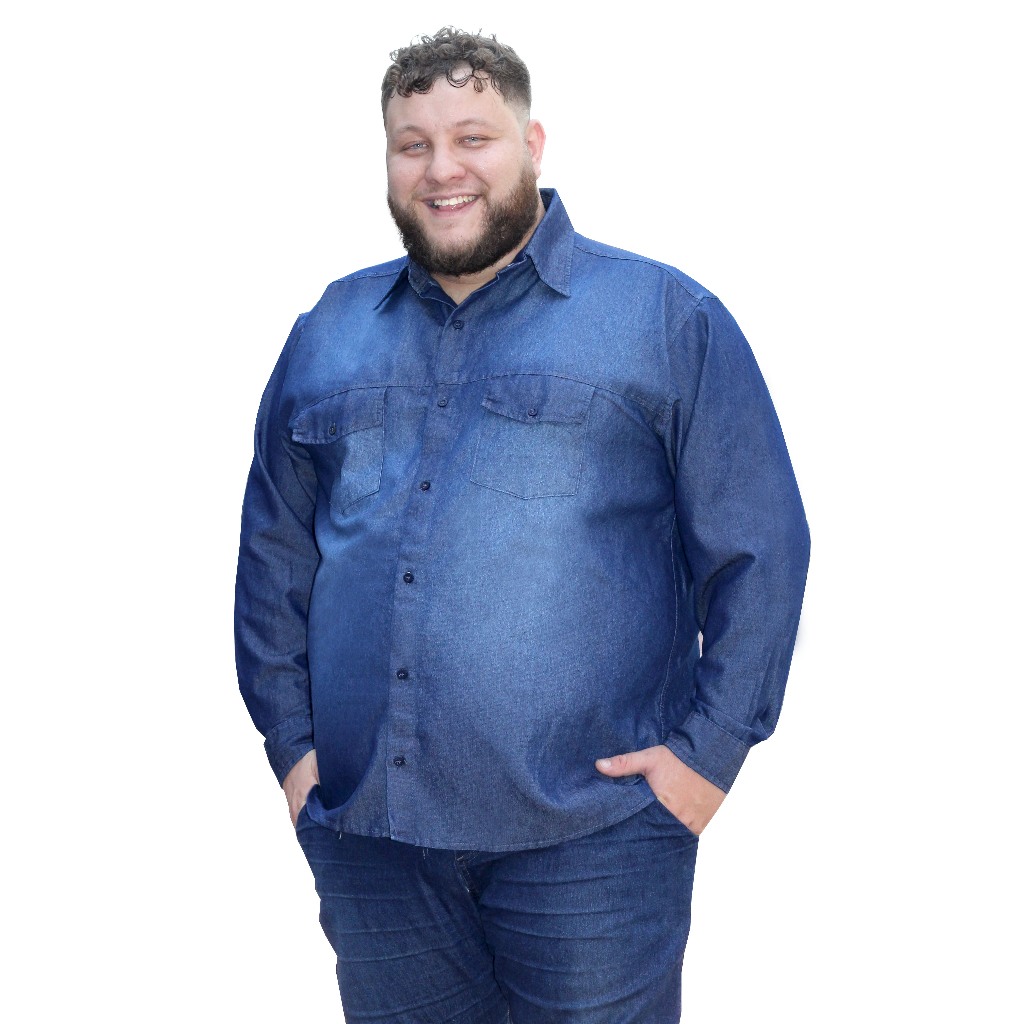 Camisa Social Jeans adulto masculina manga longa tamanho grande Plus size.