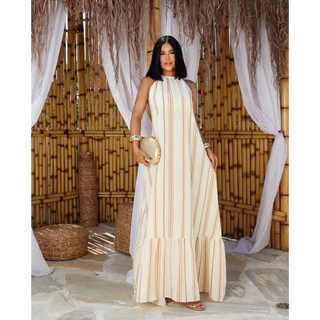 Vestido Feminino Longo Frente única C/bojo Listrado